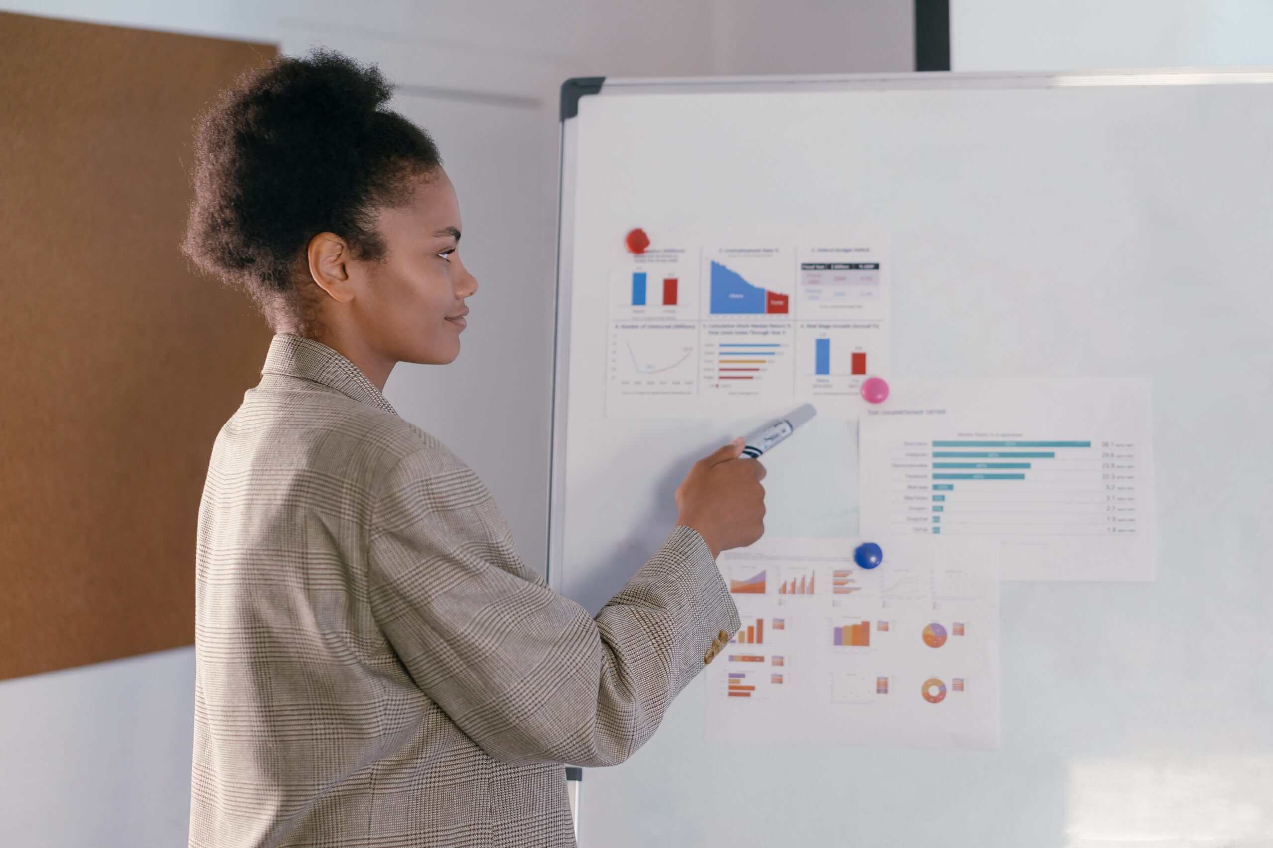 woman presenting financial facts on board